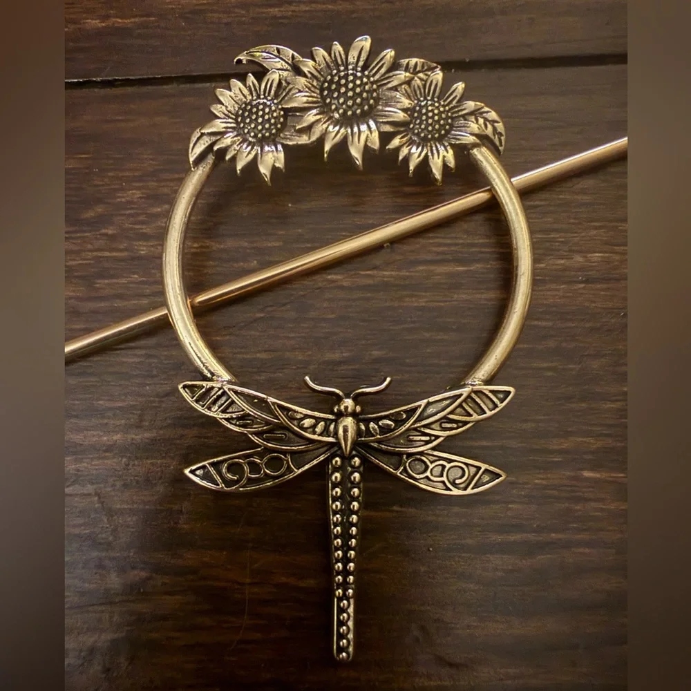 Gold Dragonfly Sunflower Hair Pin - Picture 1 of 4